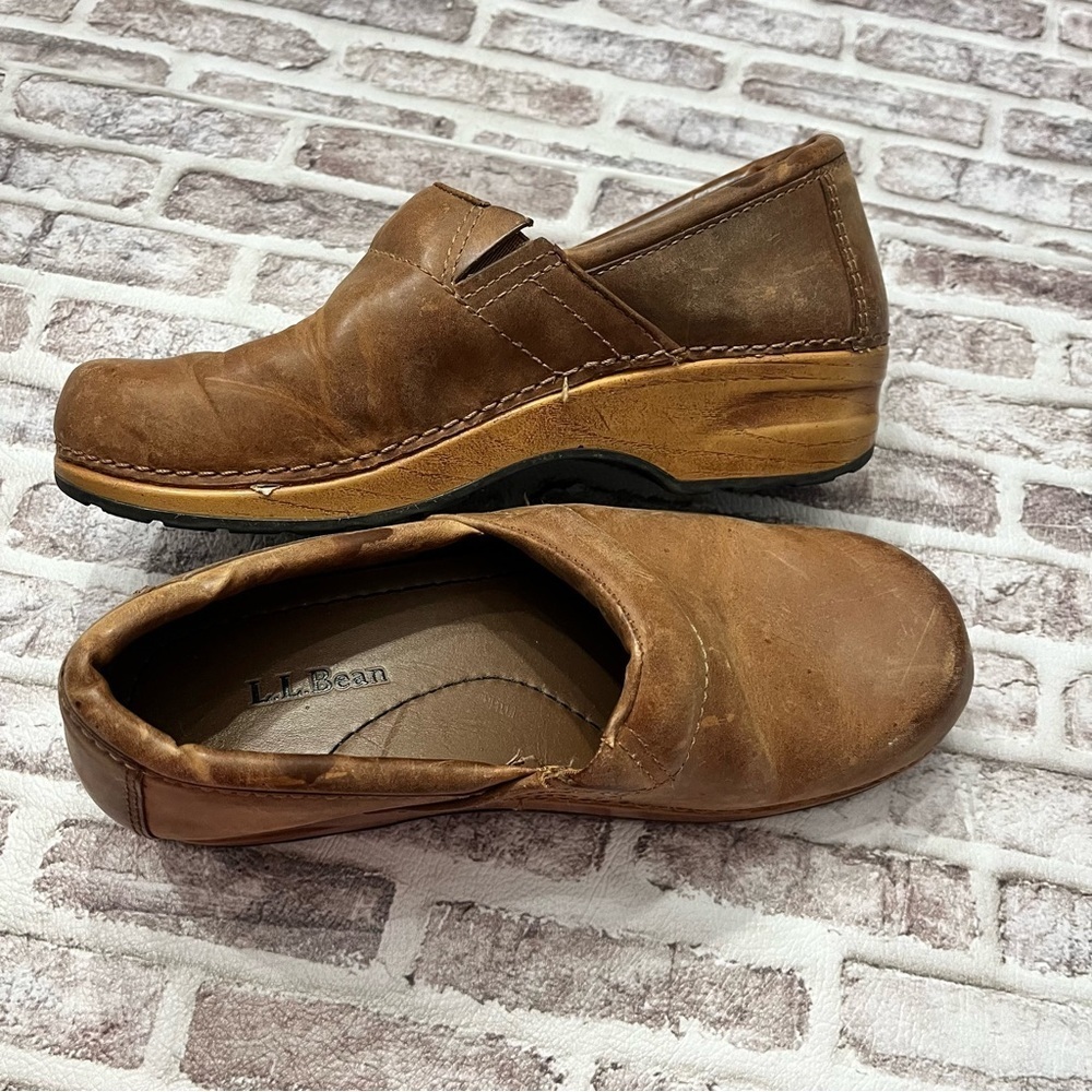 L.L. Bean Leather Nursing Clogs Faux Wood Slip On Minimalist Rustic Brown Sz 7.5